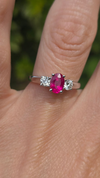Vintage: 18ct White Gold Ruby (0.93ct) & Twin Diamond (0.35ct) Three Stone Ring