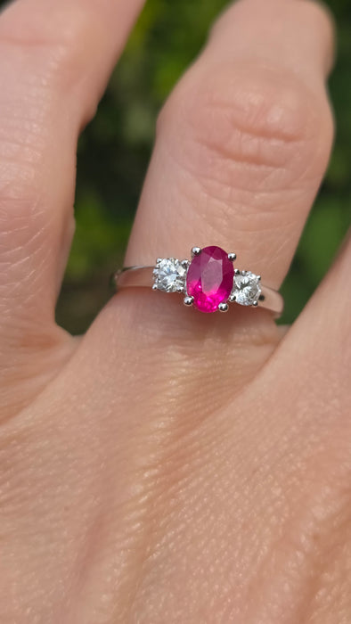 Vintage: 18ct White Gold Ruby (0.93ct) & Twin Diamond (0.35ct) Three Stone Ring