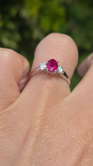 Vintage: 18ct White Gold Ruby (0.93ct) & Twin Diamond (0.35ct) Three Stone Ring
