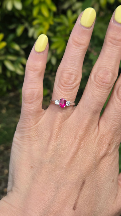 Vintage: 18ct White Gold Ruby (0.93ct) & Twin Diamond (0.35ct) Three Stone Ring