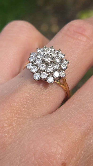 Vintage: 18ct Yellow Gold Diamond Three Tier Cluster Ring — 1.60ct