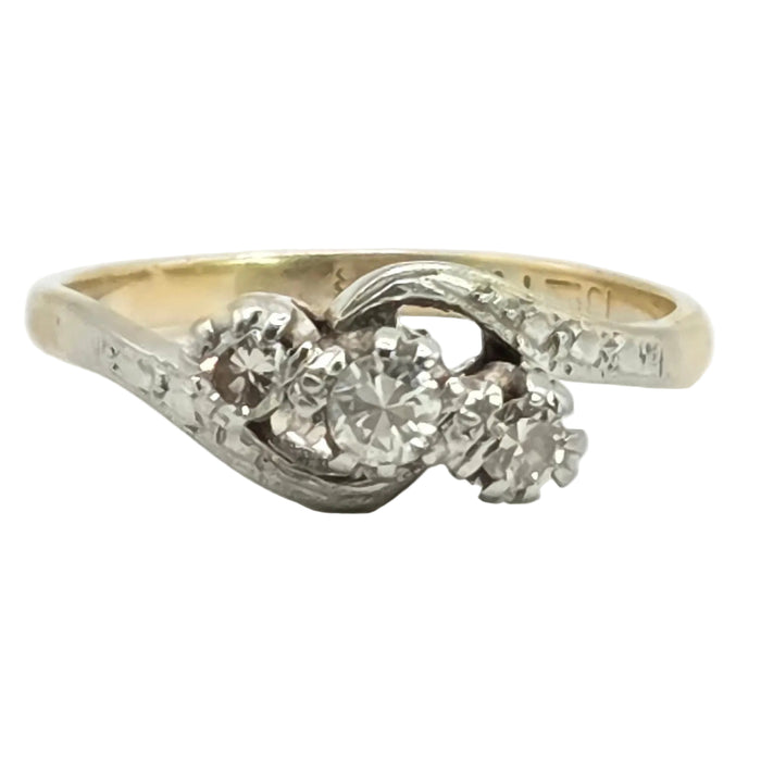 Vintage: 18ct Yellow Gold & Platinum Three Stone Diamond Cross-Over Ring — 0.20ct