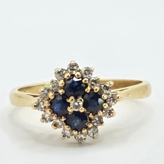 Vintage: 18ct Yellow Gold Sapphire & Diamond Square Offset Cluster Ring — 0.25ct