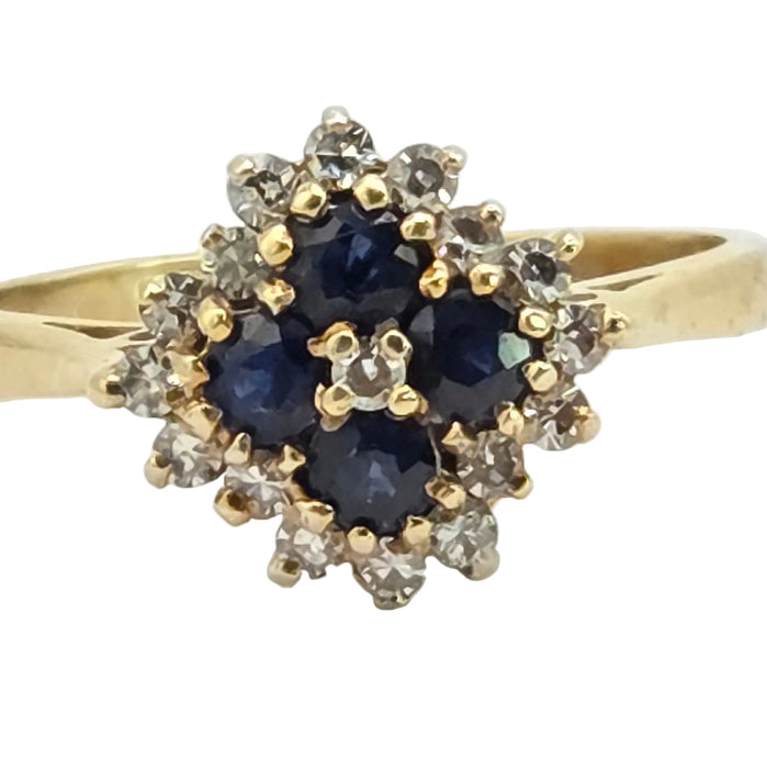 Vintage: 18ct Yellow Gold Sapphire & Diamond Square Offset Cluster Ring — 0.25ct