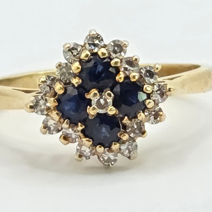 Vintage: 18ct Yellow Gold Sapphire & Diamond Square Offset Cluster Ring — 0.25ct