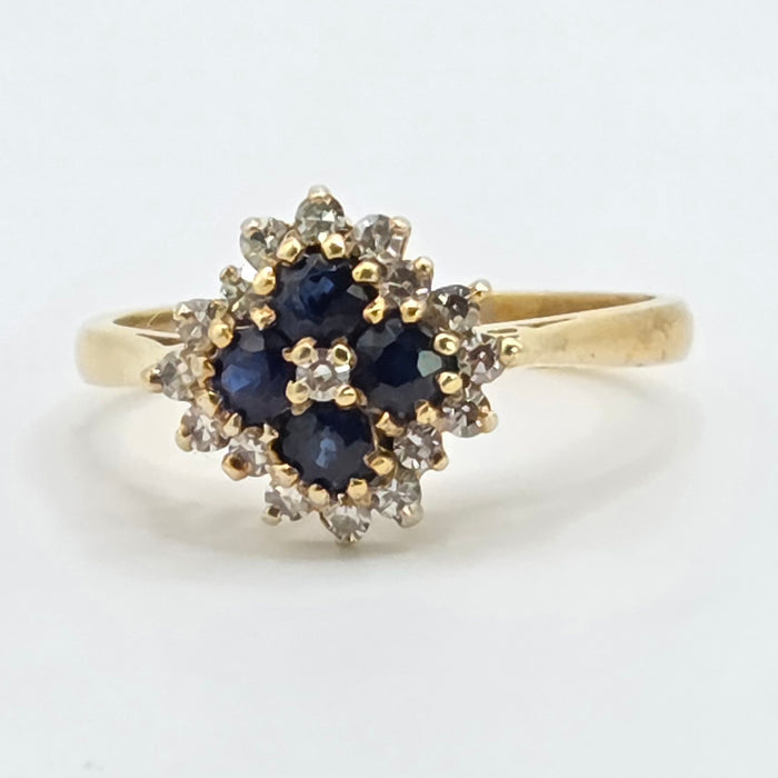 Vintage: 18ct Yellow Gold Sapphire & Diamond Square Offset Cluster Ring — 0.25ct