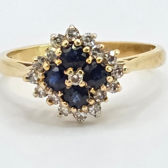 Vintage: 18ct Yellow Gold Sapphire & Diamond Square Offset Cluster Ring — 0.25ct