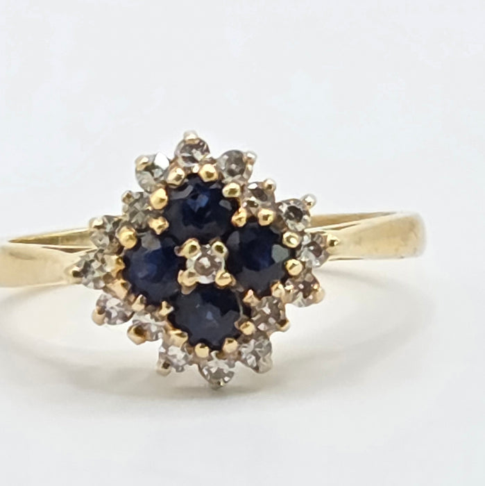 Vintage: 18ct Yellow Gold Sapphire & Diamond Square Offset Cluster Ring — 0.25ct