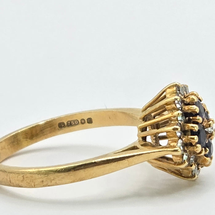 Vintage: 18ct Yellow Gold Sapphire & Diamond Square Offset Cluster Ring — 0.25ct