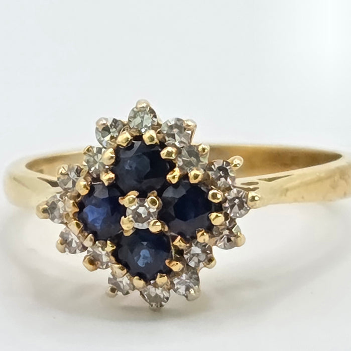 Vintage: 18ct Yellow Gold Sapphire & Diamond Square Offset Cluster Ring — 0.25ct