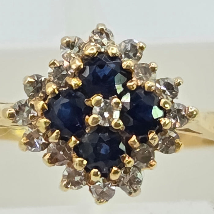 Vintage: 18ct Yellow Gold Sapphire & Diamond Square Offset Cluster Ring — 0.25ct