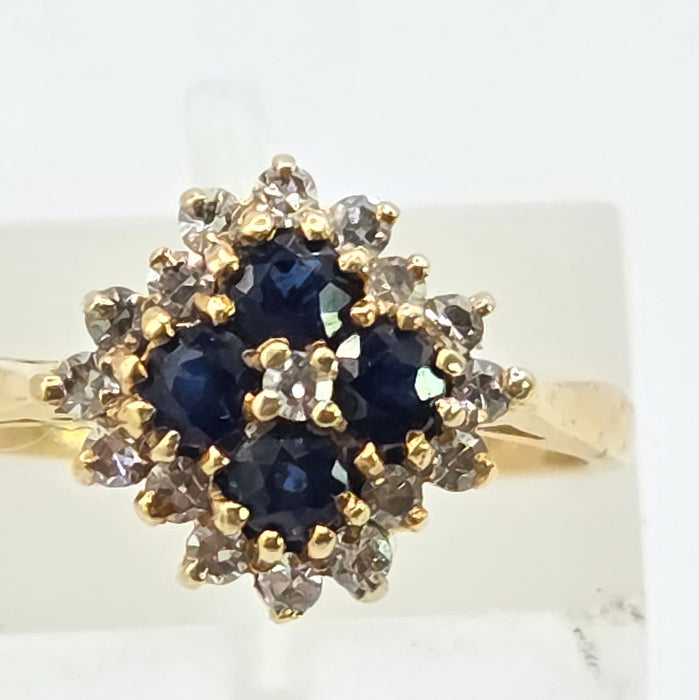 Vintage: 18ct Yellow Gold Sapphire & Diamond Square Offset Cluster Ring — 0.25ct