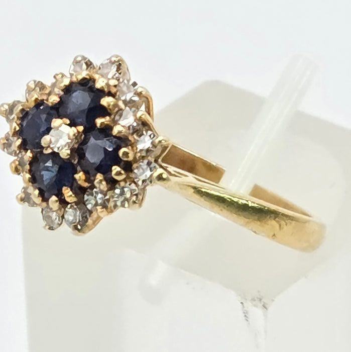 Vintage: 18ct Yellow Gold Sapphire & Diamond Square Offset Cluster Ring — 0.25ct