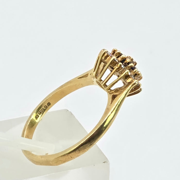 Vintage: 18ct Yellow Gold Sapphire & Diamond Square Offset Cluster Ring — 0.25ct