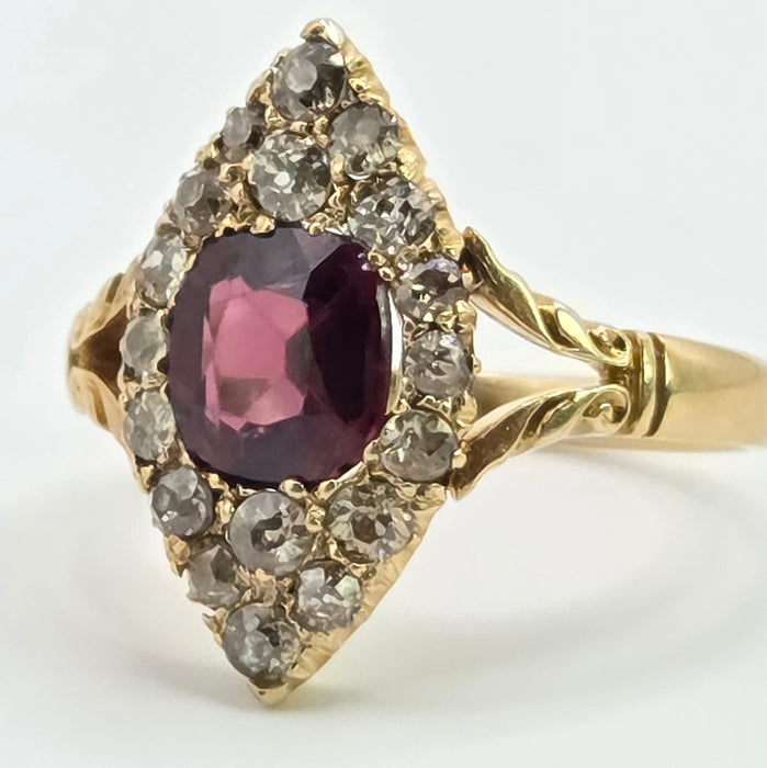 Vintage: 18ct Yellow Gold Garnet & Diamond Navette Style Dress Ring — 0.80ct