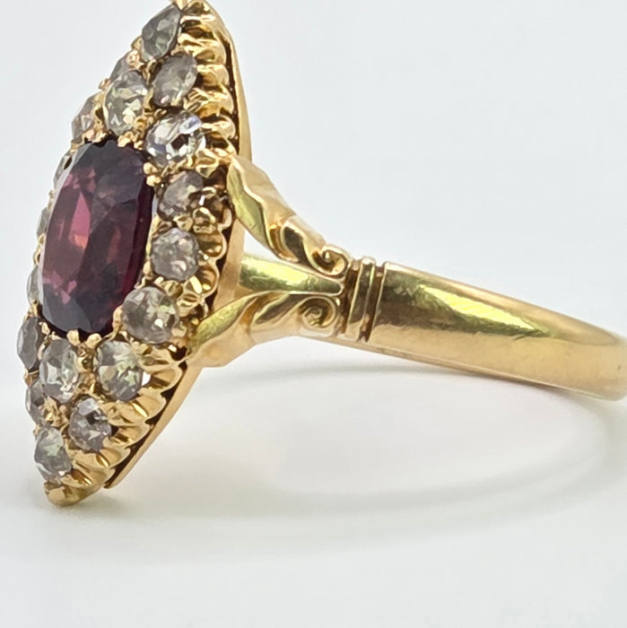 Vintage: 18ct Yellow Gold Garnet & Diamond Navette Style Dress Ring — 0.80ct