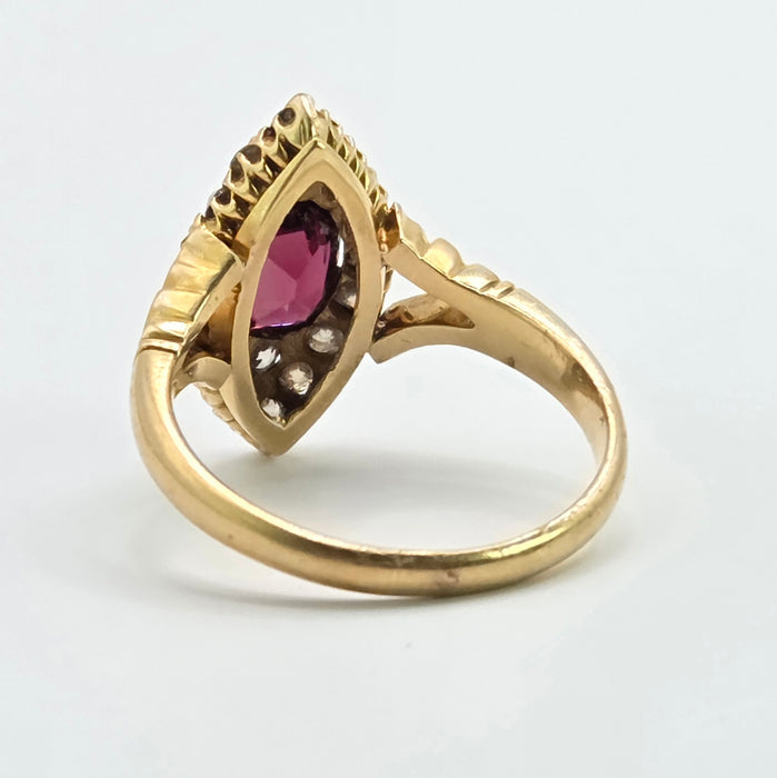 Vintage: 18ct Yellow Gold Garnet & Diamond Navette Style Dress Ring — 0.80ct