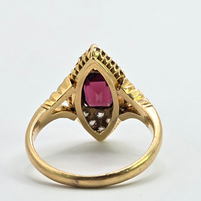 Vintage: 18ct Yellow Gold Garnet & Diamond Navette Style Dress Ring — 0.80ct