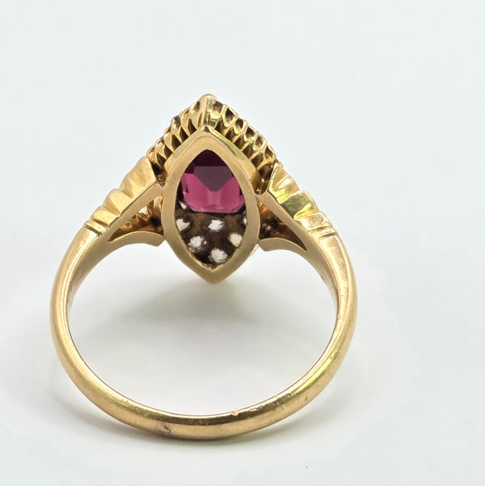 Vintage: 18ct Yellow Gold Garnet & Diamond Navette Style Dress Ring — 0.80ct