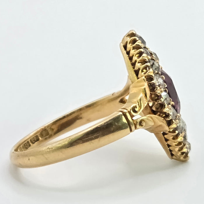 Vintage: 18ct Yellow Gold Garnet & Diamond Navette Style Dress Ring — 0.80ct