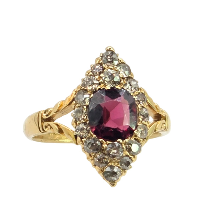 Vintage: 18ct Yellow Gold Garnet & Diamond Navette Style Dress Ring — 0.80ct
