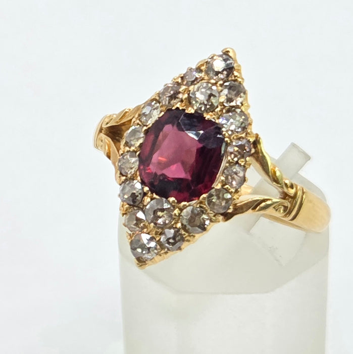 Vintage: 18ct Yellow Gold Garnet & Diamond Navette Style Dress Ring — 0.80ct