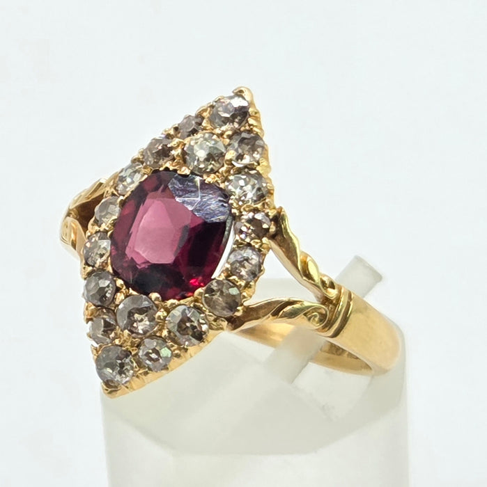 Vintage: 18ct Yellow Gold Garnet & Diamond Navette Style Dress Ring — 0.80ct