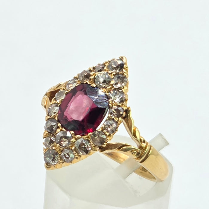 Vintage: 18ct Yellow Gold Garnet & Diamond Navette Style Dress Ring — 0.80ct