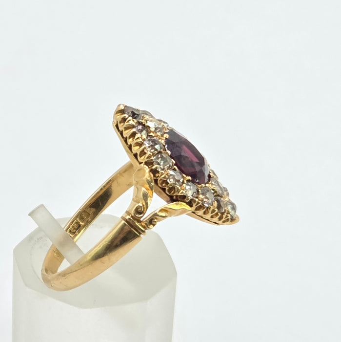 Vintage: 18ct Yellow Gold Garnet & Diamond Navette Style Dress Ring — 0.80ct