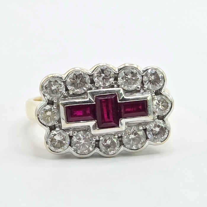 Vintage: 18ct Yellow Gold Ruby & Diamond Art Deco Style Dress Ring — 1.30ct
