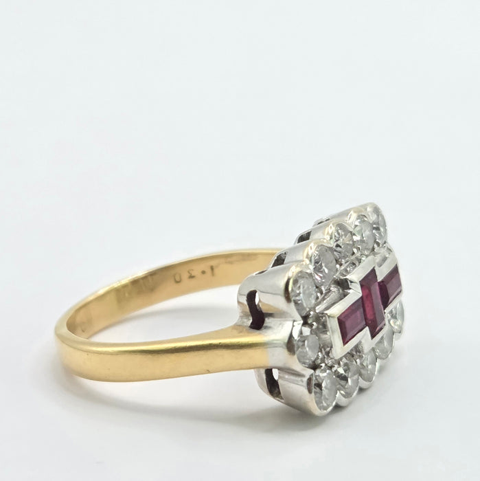 Vintage: 18ct Yellow Gold Ruby & Diamond Art Deco Style Dress Ring — 1.30ct