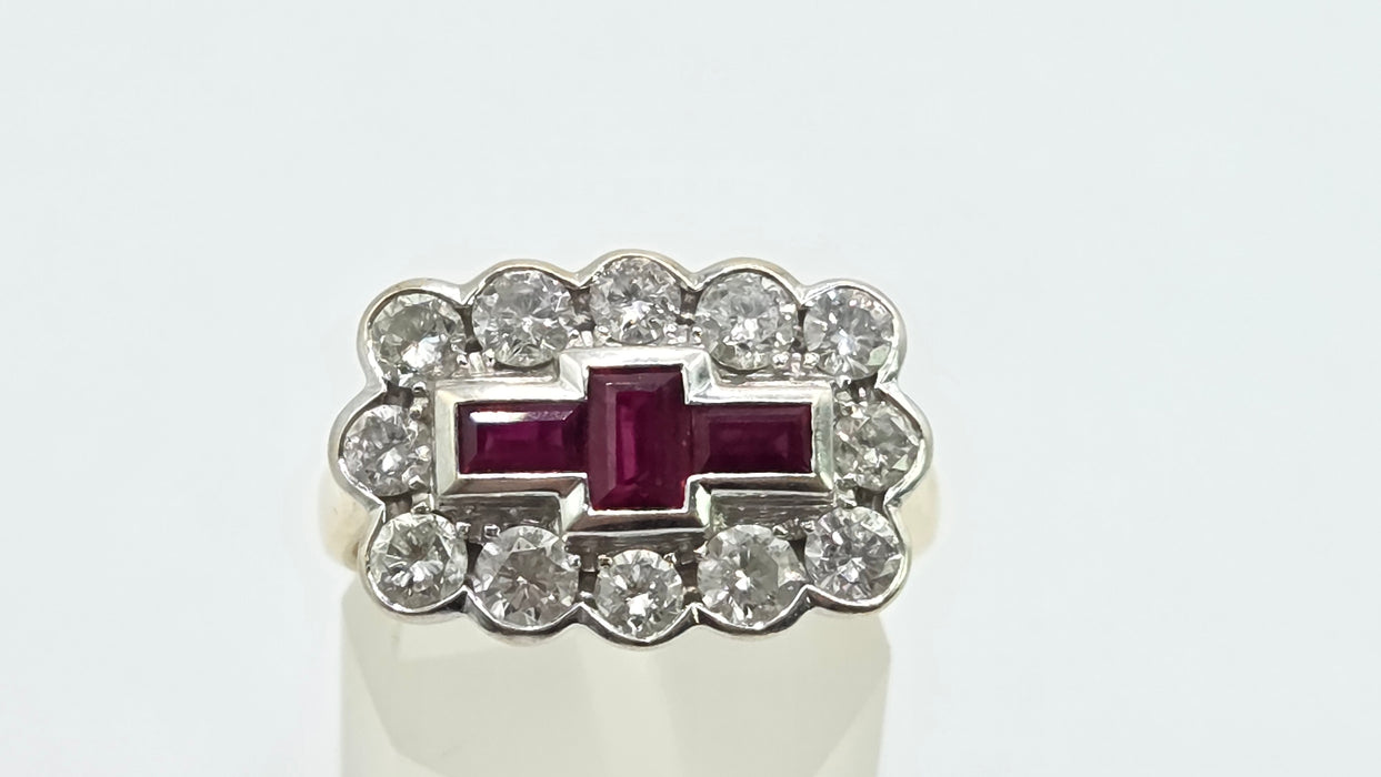 Vintage: 18ct Yellow Gold Ruby & Diamond Art Deco Style Dress Ring — 1.30ct