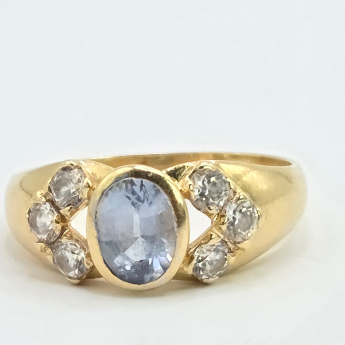 Vintage: 18ct Yellow Gold Blue Topaz & Man Made Diamond Dress Ring