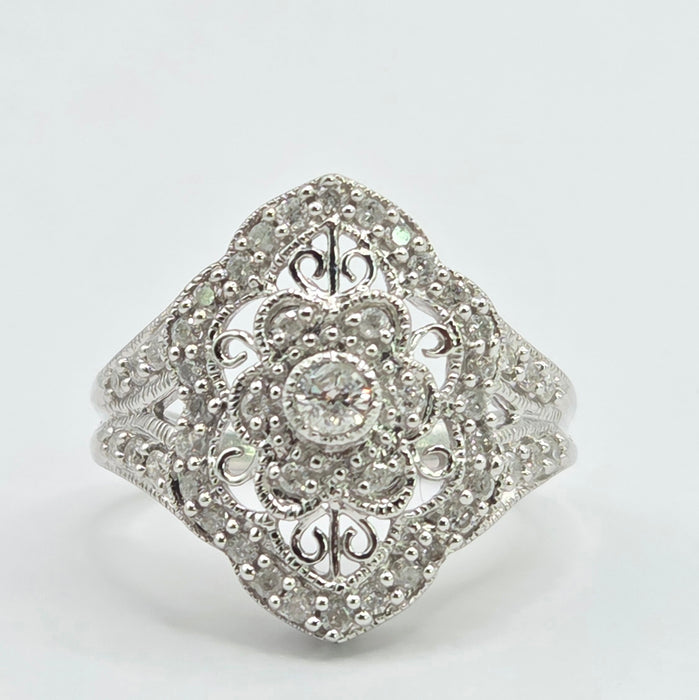 Vintage: 9ct White Gold Diamond Art Deco Style Dress Ring — 1.00ct