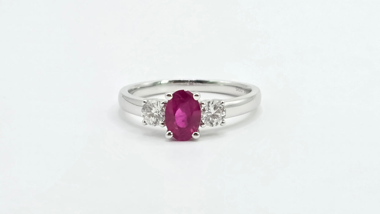 Vintage: 18ct White Gold Ruby (0.93ct) & Twin Diamond (0.35ct) Three Stone Ring