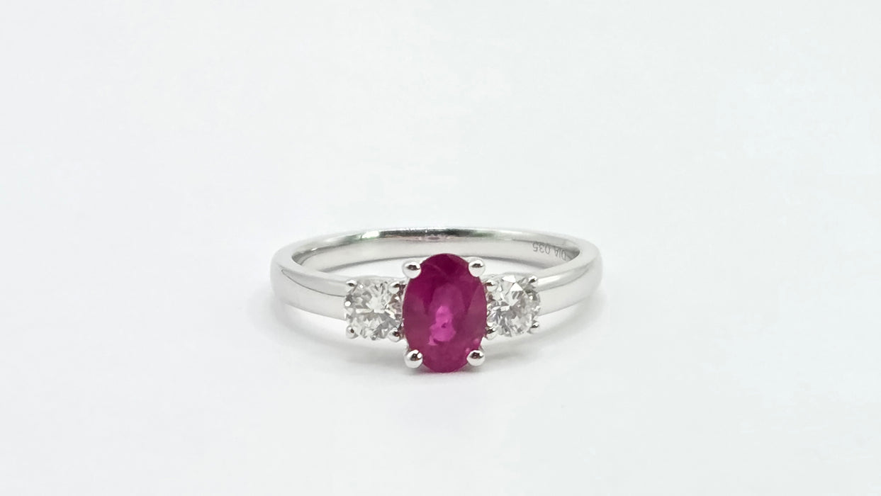 Vintage: 18ct White Gold Ruby (0.93ct) & Twin Diamond (0.35ct) Three Stone Ring