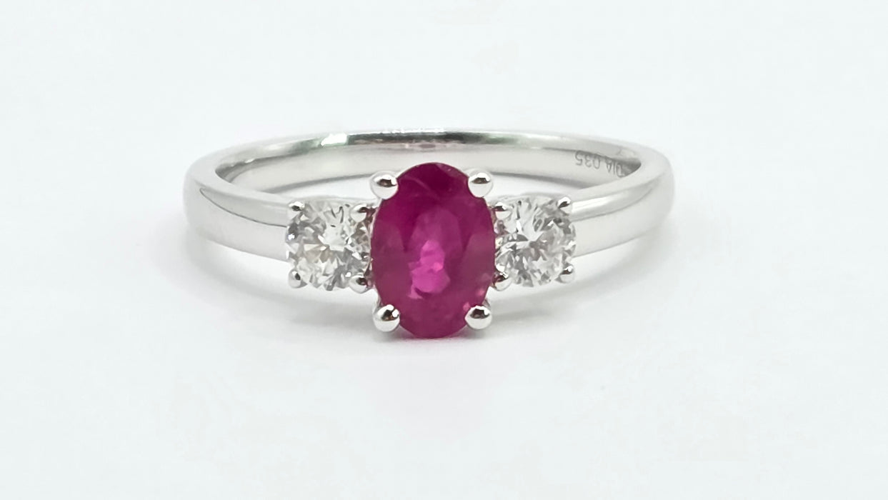 Vintage: 18ct White Gold Ruby (0.93ct) & Twin Diamond (0.35ct) Three Stone Ring