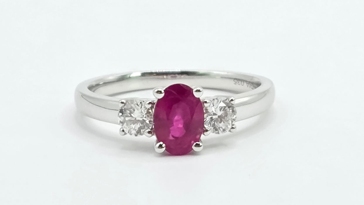 Vintage: 18ct White Gold Ruby (0.93ct) & Twin Diamond (0.35ct) Three Stone Ring