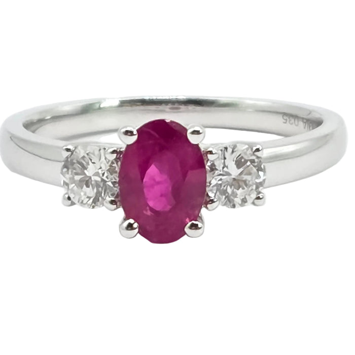 Vintage: 18ct White Gold Ruby (0.93ct) & Twin Diamond (0.35ct) Three Stone Ring