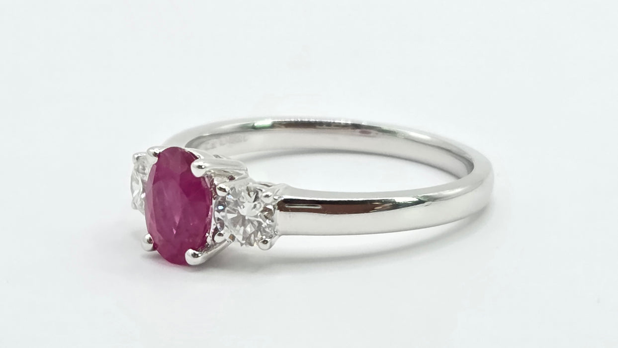 Vintage: 18ct White Gold Ruby (0.93ct) & Twin Diamond (0.35ct) Three Stone Ring