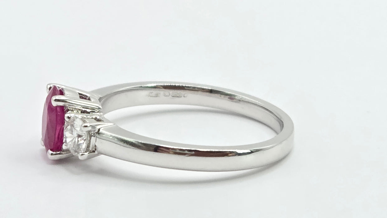Vintage: 18ct White Gold Ruby (0.93ct) & Twin Diamond (0.35ct) Three Stone Ring