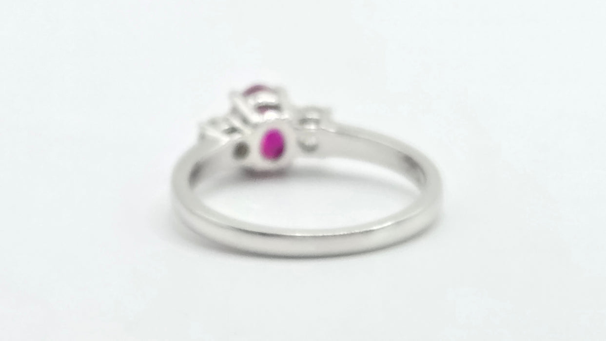 Vintage: 18ct White Gold Ruby (0.93ct) & Twin Diamond (0.35ct) Three Stone Ring