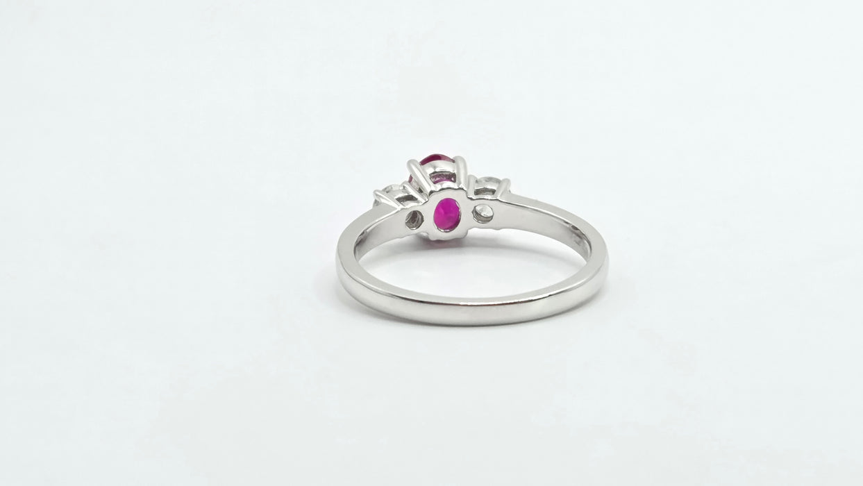 Vintage: 18ct White Gold Ruby (0.93ct) & Twin Diamond (0.35ct) Three Stone Ring