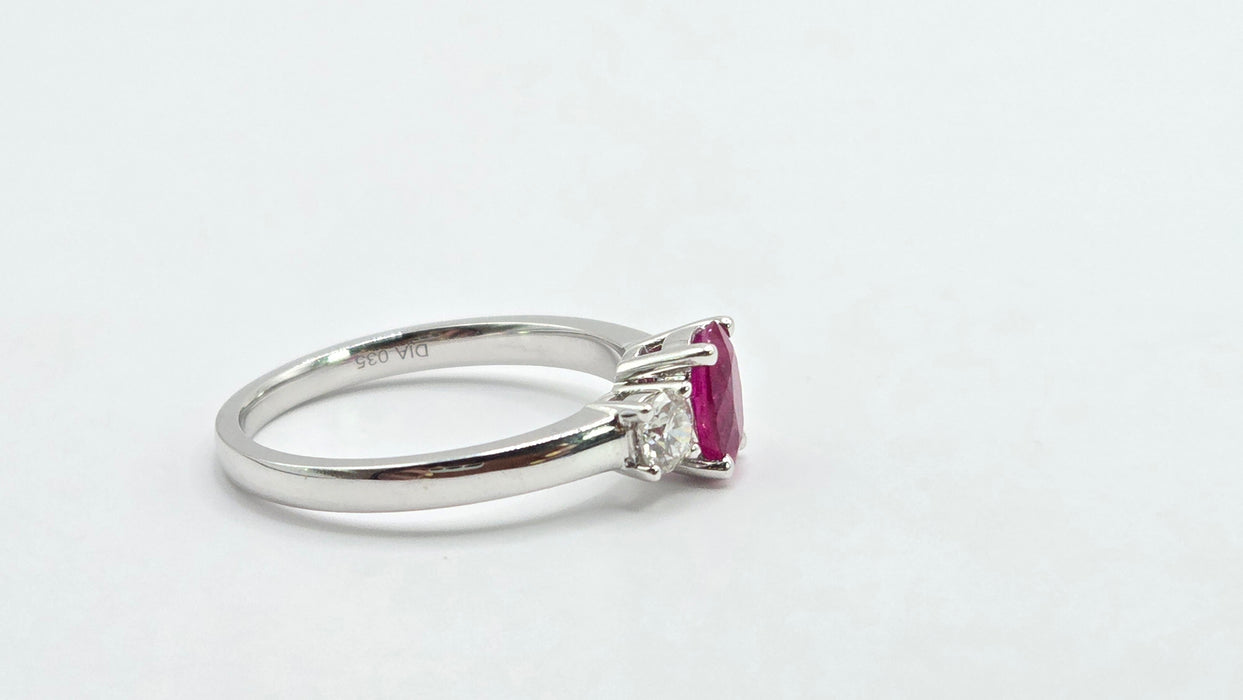 Vintage: 18ct White Gold Ruby (0.93ct) & Twin Diamond (0.35ct) Three Stone Ring