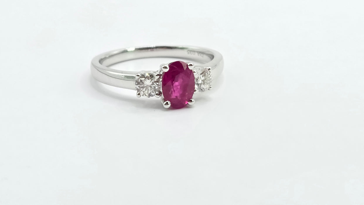 Vintage: 18ct White Gold Ruby (0.93ct) & Twin Diamond (0.35ct) Three Stone Ring