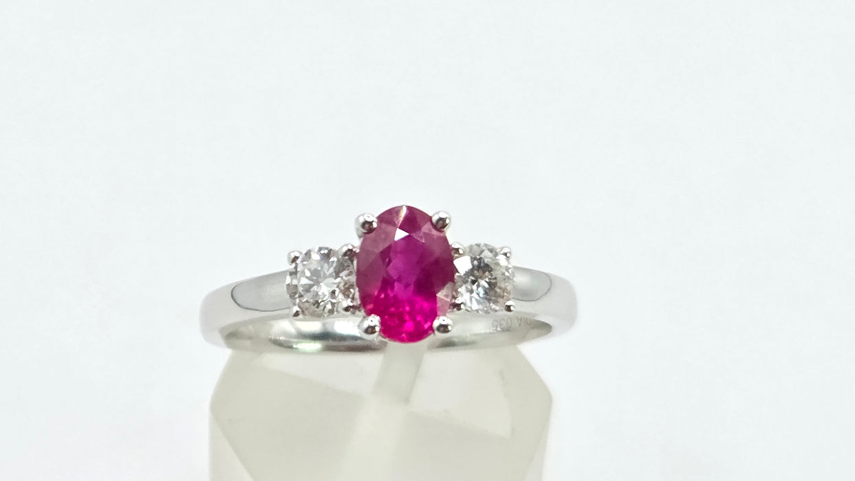 Vintage: 18ct White Gold Ruby (0.93ct) & Twin Diamond (0.35ct) Three Stone Ring