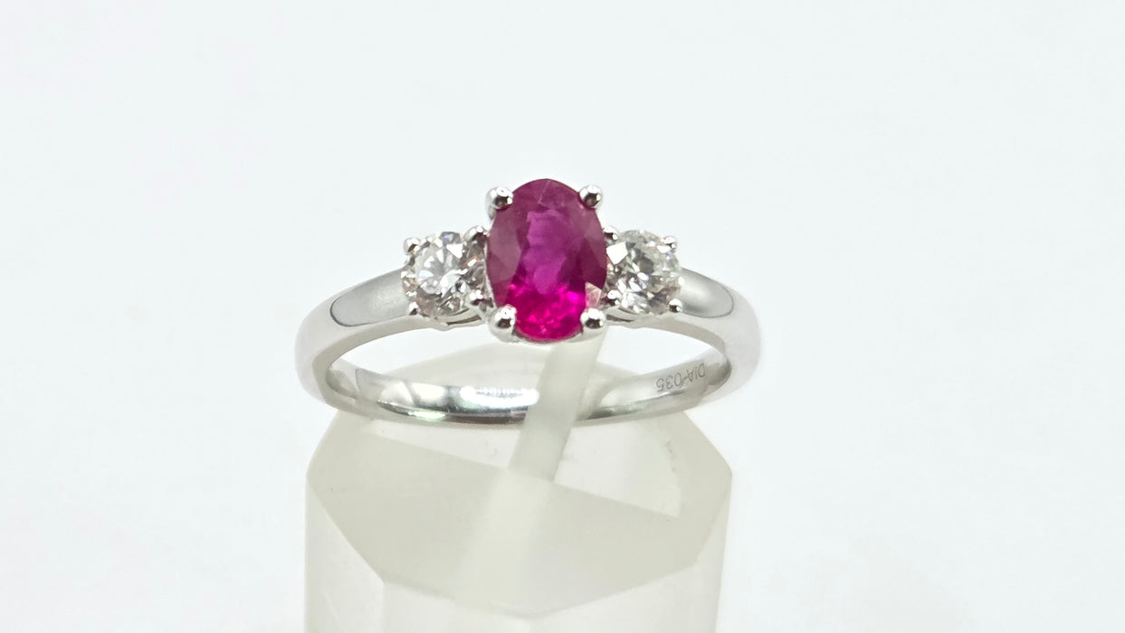 Vintage: 18ct White Gold Ruby (0.93ct) & Twin Diamond (0.35ct) Three Stone Ring