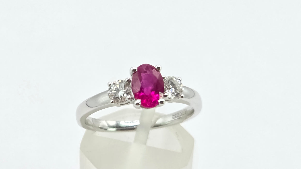 Vintage: 18ct White Gold Ruby (0.93ct) & Twin Diamond (0.35ct) Three Stone Ring