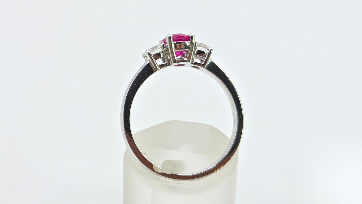 Vintage: 18ct White Gold Ruby (0.93ct) & Twin Diamond (0.35ct) Three Stone Ring