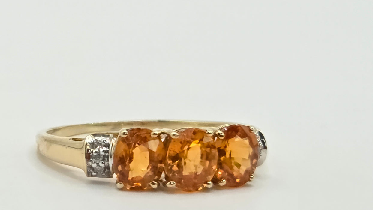 Vintage: 9ct Yellow Gold Orange Citrine & Diamond Trilogy Ring